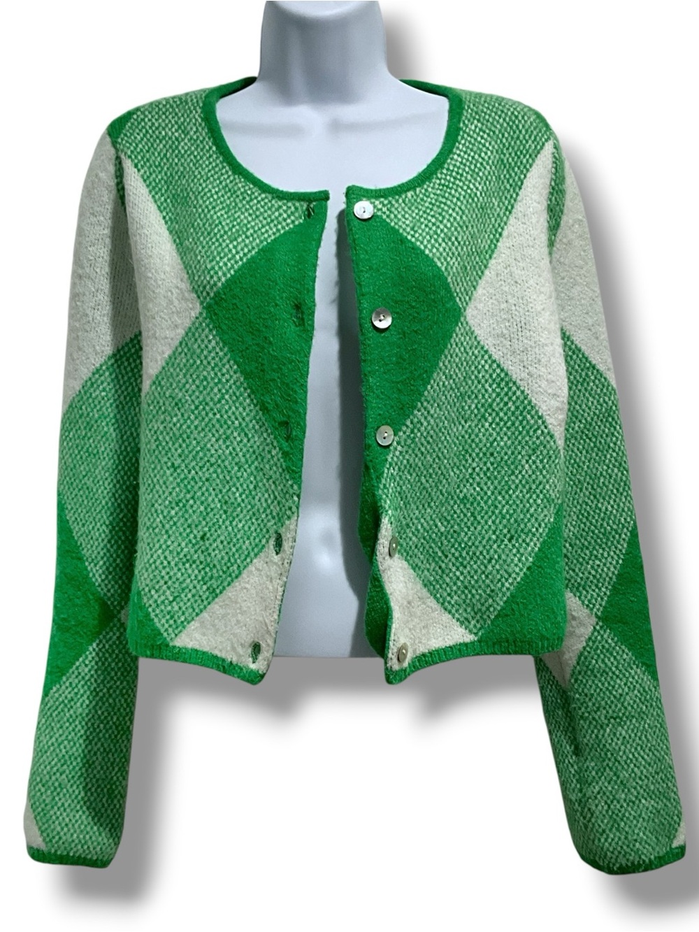 Zara Cardigan Sweater Size Small Crop Jacquard Wool Blend Argyle Plaid Green